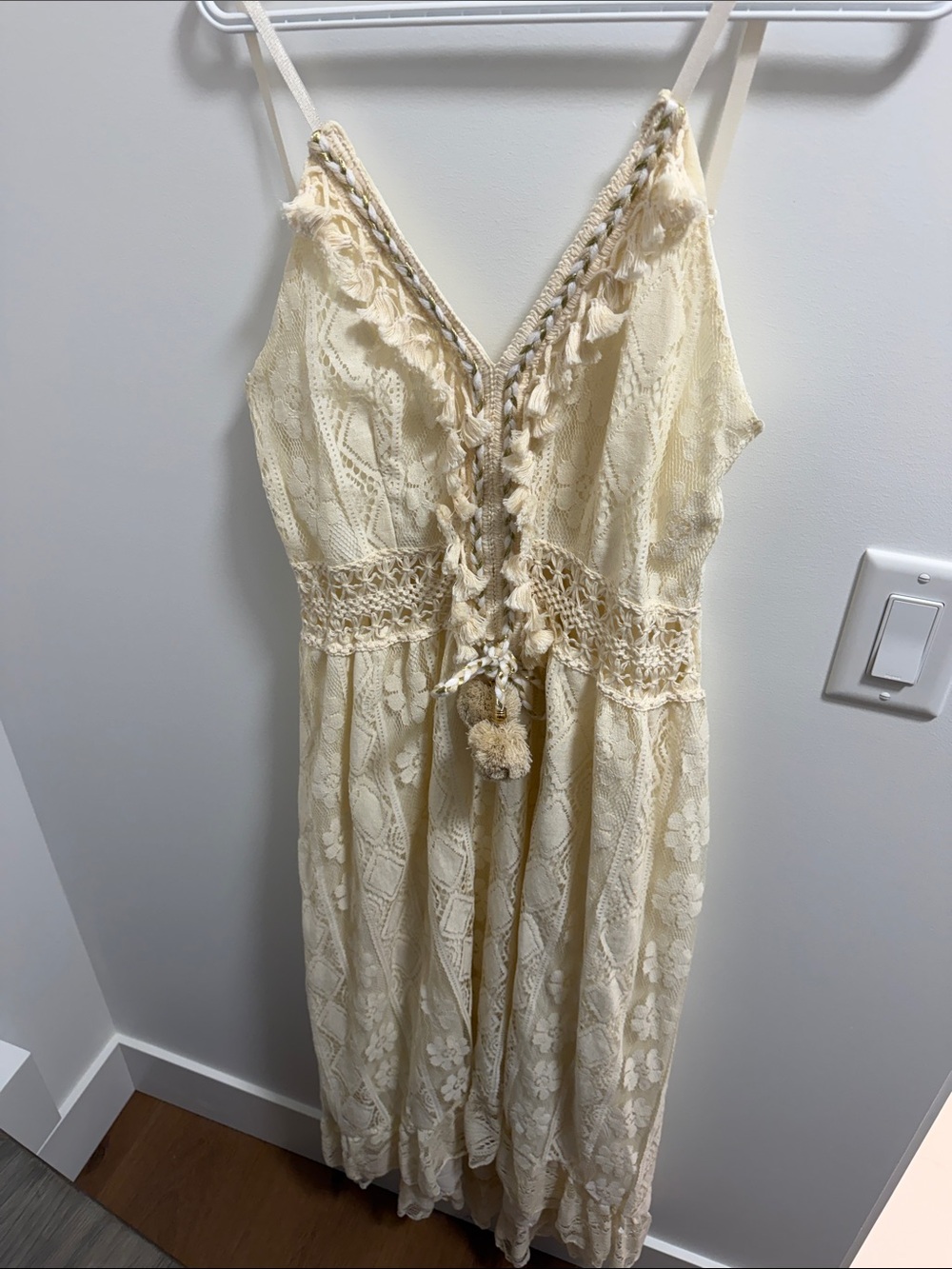 Cream Lace Boho Maxi Dress with Tassel Tie